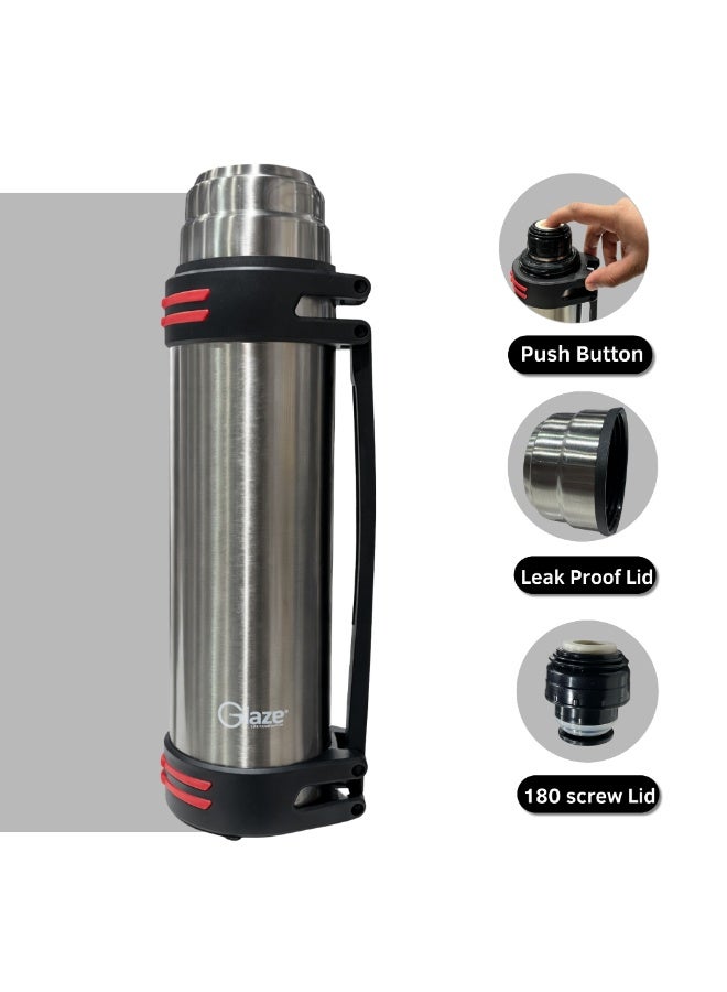 جليز قارورة ماء من الستانلس ستيل بسعة 1.2 لتر بعزل فراغي، ترمس للمشروبات الساخنة والباردة، كوب سفر مانع للتسرب، قارورة محمولة للقهوة والشاي للمكتب، السيارة، الصالة الرياضية والنشاطات الخارجية – فضي - Image 5